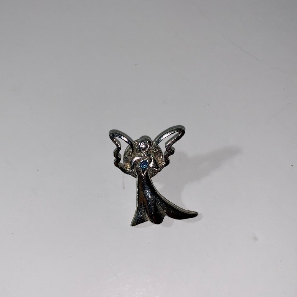 Angel Pin Brooch Silver Tone Blue Jeweled Heart By Camco Vintage